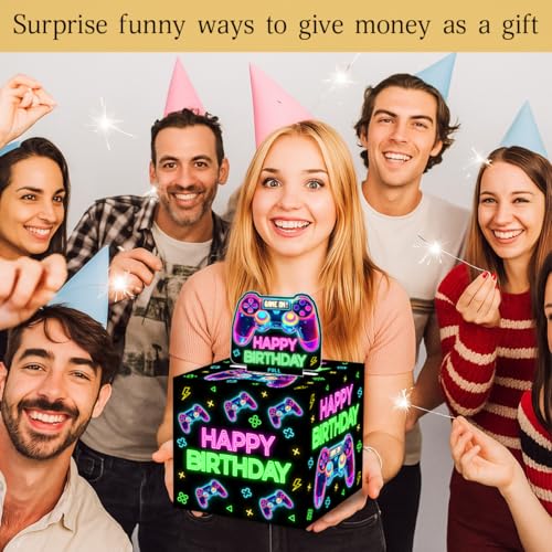 Neon Game Birthday Money Gift Boxes for Cash, Video Game Birthday Money Pull Box for Boys Girls - color: Neon Game