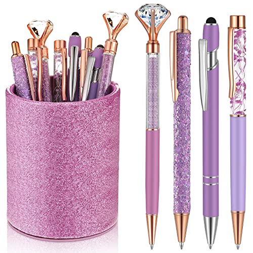 Sabary 8 Pcs Violet Pens with Pen Holder for Desk Glitter Crystal Diamond Cute Ballpoint Fancy Pencil Holder Bling Desk Organizer for Women Girls School Office Supplies Wedding Graduation Gifts - color: Violet