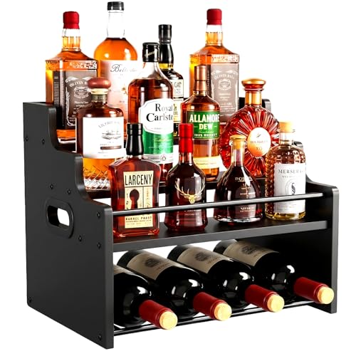 4-Tier Wood Display Shelf Wine Rack for 16 Bottles Wood Coffee Syrup Organizer with Handles Home Whiskey Shelf Retro Mini Liquor Cabinet Spice Rack Coffee Bar Shelves, Black - color: Black