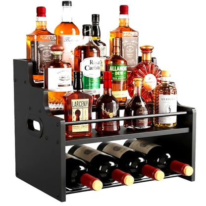 4-Tier Wood Display Shelf Wine Rack for 16 Bottles Wood Coffee Syrup Organizer with Handles Home Whiskey Shelf Retro Mini Liquor Cabinet Spice Rack Coffee Bar Shelves, Black - color: Black