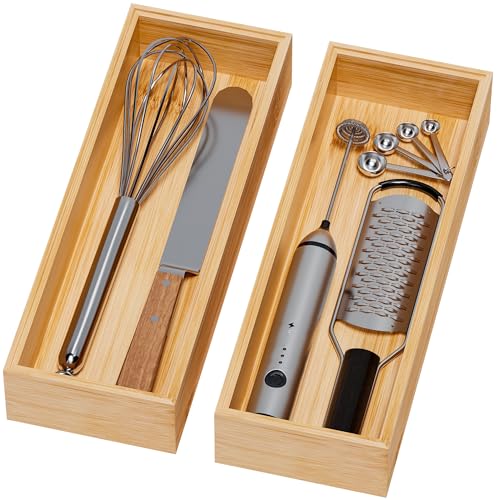 Kitchen Drawer Organizer Bins, Stackable Bamboo Deep Drawer Organizer for Silverware, Utensils, Cutlery, Flatware, Junk Drawer, Dresser, Bathroom, 14" x 5" x 2.5" (Set of 2) - color: Bamboo, size: 14 x 5 x 2.5 Inch