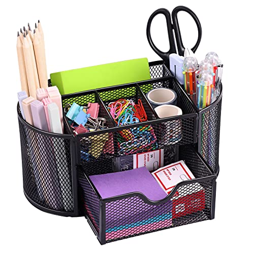 EOOUT Desk Organizer, Pencil Holder for Desk, Mesh Office Desk Accessories with 8 Compartments and 1 Drawer Stationery Holder School Supplies - color: Black