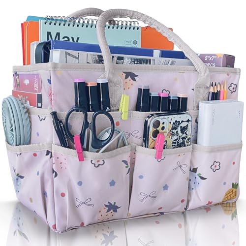Cupohus Art Organizer Craft Storage Tote Bag with Pockets and Handles, Oxford Fabric Carrying Caddy for Teacher, Officer, Artist, Traveler, and More-Pink Fruit - color: Fruit Print