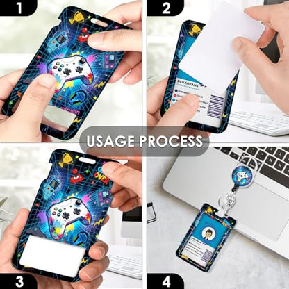 Gaming Lanyards for ID Badge, Gift for Teacher Nurse Women Men | Blue Game Lanyard ID Card Holder with Retractable Reel Clip and Keychain, Identity Badge Cover Case Protector - color: Game-blue