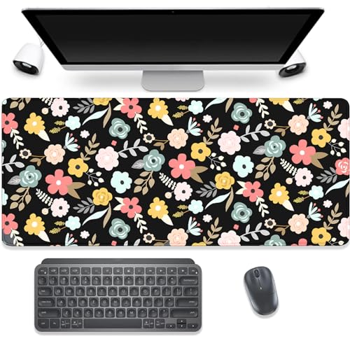 Black Cartoon Flowers Desk Pad Mouse Pad,Floral Prints Extended Large Gaming Mouse Mat with Stitched Edges,Non-Slip Waterproof Rubber Base Mousepad for Office Work Home Desk Mat(27.5X11.8 in) - color: Black Vintage Flower