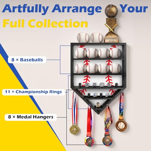 Baseball Ring Display Case - Solid Wood Wall Mounted Baseball Holder for Balls, Championship Rings, Medals & Trophies - Perfect Baseball Fan Gift (Black)