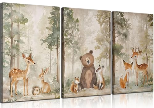 MIZILI 3Pcs Woodland Animal Nursery Canvas wall art Wild Animals Forest Paintings Pictures Wall Decor Fox Bear Deer Watercolor Poster Printing Artwork for Boys Room Girls Room Home Decoration - color: Woodland-canvas, size: 24"L x 16"W