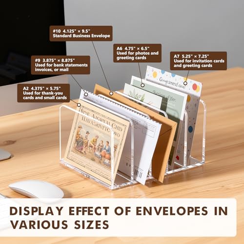 BEYGORM Acrylic Mail Holder, Clear Multifunction Desk Organizer with Divider, Vertical Letter Sorter for Desktop, 5 Compartments Modern Office Home Envelope Organizer for Folder, Document, Notebook - size: Large