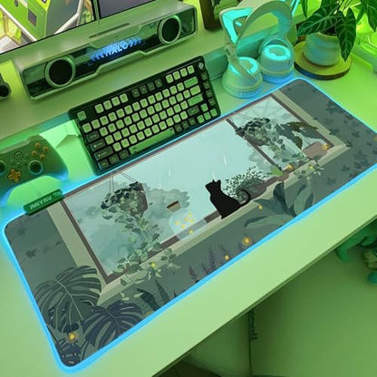 JMIYAV Black Kitten RGB Green Gaming Mouse Pad 31.5x12 Inch PC XL Large Glowing Led Light Up Desk Pad Non-Slip Rubber Base Computer Cute Mousepad Mat Desk Accessories Gaming Setup 31.5x12 Inch - color: G-black Kitten
