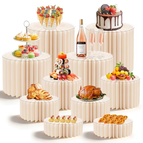 10 Pack Buffet Risers Foldable High Load-Bearing Food Display Risers for Buffet Table, Cylinder Cake & Dessert Stands for Weddings Party Catering Home Cupcake Stand Display with Clear Acrylic Tops - color: White, size: 10Pcs(1.9'', 3.9'', 5.9'', 7.8'', 9.