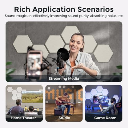 Self-Adhesive Acoustic Panels [390 lbs/yd³ Ultra-High Density], 2nd Generation Sound Absorbing Panel, Professional Level Sound Panel, Polyester Soundproof Foam [Medium Hexagon, Beige] - color: Beige, size: Medium Hexagon (12''x10''x0.4'')