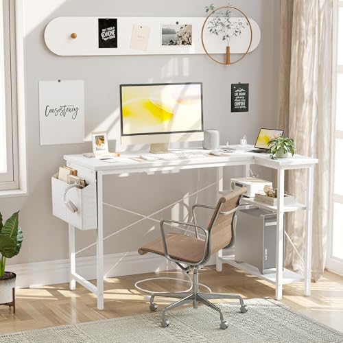 TIQLAB L Shaped Computer Desk with Power Outlets, 47 Inch Small Corner Desk with Reversible Shelves, Gaming Desk Computer Table Study Writing Desk for Home Office Small Space, White - color: White, size: 47 Inch
