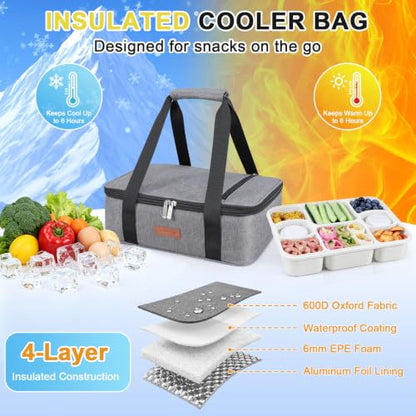 Chilled Snackle Box Container with Ice Pack & Insulated Bag, Portable Snack Tray with 2 Sauce Cups, Divided Serving Tray for Travel Picnic, Leak-Proof, Dishwasher Safe, BPA-Free - color: White + Ice Pack & Insulated Bag