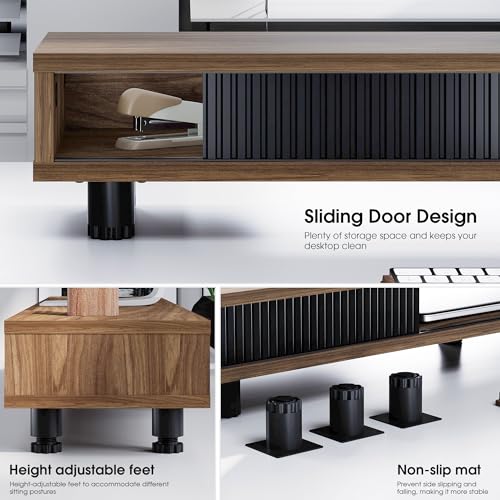 Fenge Dual Monitor Stand, 42.5inch Long Monitor Stands Riser for 2 Monitors, Glass Sliding Door with Storage Organizer Stand for Desk, 2 Tier Desk Shelf for Laptop, Pc, Printer, Computer, TV - color: Brown