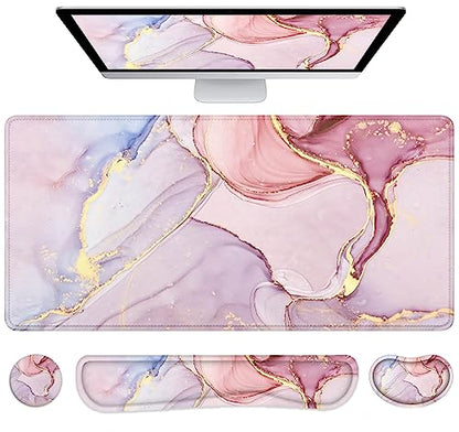 LATEEFAH Desk Mat, Mouse Pad with Wrist Rest, 4-in-1 Large Mouse Pads for Desk, Ergonomic Mouse Pad and Keyboard Wrist Rest Gaming Keyboard Mat for Office, Home - color: 4Pcs-Pink Marble