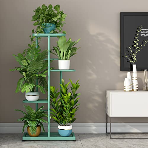 LINZINAR Metal 4 Tier 5 Potted Indoor Outdoor Plant Stand Shelf Planter Display for Patio Garden Corner Balcony Living Room - color: Light Green, size: 4 Tier-5 Potted