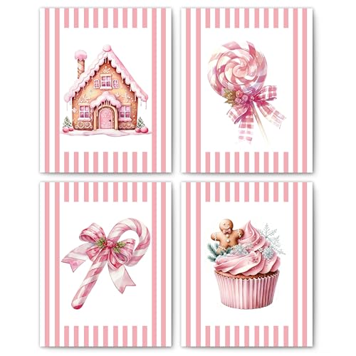 FITIE Pink Christmas Kitchen Wall Art Posters Set of 4, Girly Pastel Christmas Pink Holiday Gingerbread House Candy Cane Cupcake Canvas Prints Artwork Wall Decor for Girls Bedroom Dorm, 8x10 Unframed - color: Home Wall Art 27