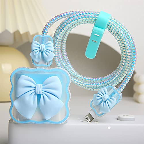 Compatible with iPhone 18W/20W USB-C Charger Cover Cute 3D Bow Tie Design Clear Soft Charger Protector Kawaii Cable Saver for iPhone 11 12 13 14 Pro Max Fast Power Adapter, Blue 2 (5in1) - color: Blue 2 (5 in 1)