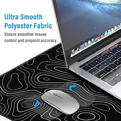 Large Gmaing Mouse Pad with Stitched Edges, Superior Micro-Weave Cloth, Non-Slip Base, Size 35.4 X 15.7X 0.12inches - Black Topographic Contour - color: Silver