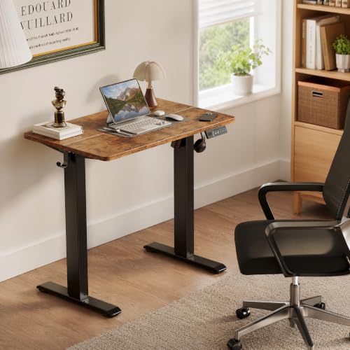 Claiks Electric Standing Desk 35 x 20 Inches, Compact Adjustable Height Motorized Sit Stand Desk with 3 Memory Presets & Cable Management, Space-Saving Computer Workstation for Bedroom, Rustic Brown - color: Rustic Brown, size: 35 Inch