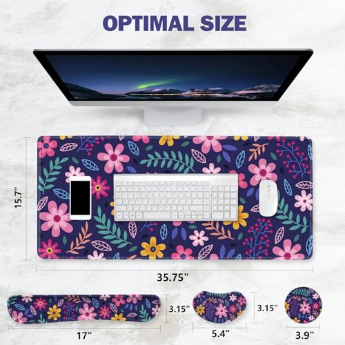 ToLuLu Extended Gaming Mouse Pad, Memory Foam Ergonomic Keyboard Mouse Wrist Rest Support Set, Large Desk Mat with Stitched Edges, Non-Slip Base Mousepad for Home Office Game Study, Purple Flowers - color: Purple Flowers