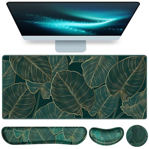 Desk Mat, Large Gaming Mouse Pad with Wrist Rest, 4in1 XXL Mousepad+Keyboard Wrist Rest+Mouse Pad Wrist Support+Cup Coaster Set Ergonomic for Computer Desk Accessories Decor Home Office Table Women - color: Golden Green Palm Leaves