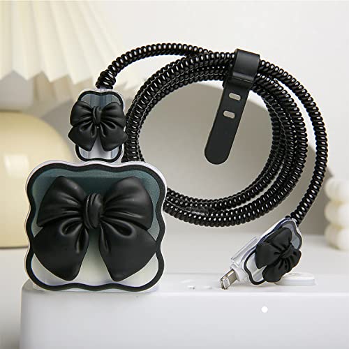 Compatible with iPhone 18W/20W USB-C Charger Cover Cute 3D Bow Tie Design Clear Soft Charger Protector Kawaii Cable Saver for iPhone 11 12 13 14 Pro Max Fast Power Adapter, Black 2 (5in1) - color: Black 2 (5 in 1)