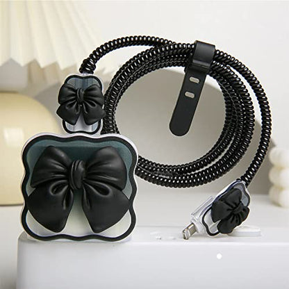 Compatible with iPhone 18W/20W USB-C Charger Cover Cute 3D Bow Tie Design Clear Soft Charger Protector Kawaii Cable Saver for iPhone 11 12 13 14 Pro Max Fast Power Adapter, Black 2 (5in1) - color: Black 2 (5 in 1)