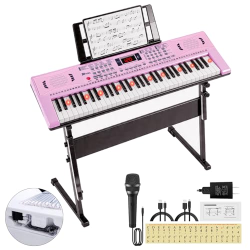 Keyboard Piano 61 Lighted Keys, Electric Keyboard Kit with 100 Voices, 100 Rhythms - Built-In Speaker, Microphone, Sheet Stand and Power Supply, Gift for Children Beginners [Pink, Piano with Stand] - color: Pink