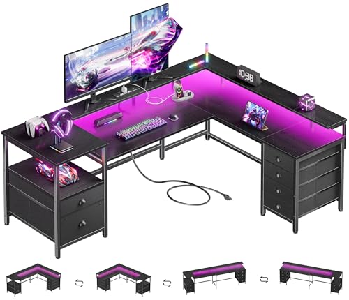 Furologee 66" Reversible L Shaped Gaming Desk with 6 Drawers & Printer Storage Shelves, Corner Computer Desk with Power Outlets & LED Lights, Home Office Table with Monitor Stand, Black - color: Black