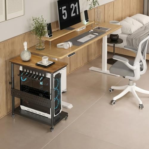 GarveeHome Computer Tower Stand with Cable Management Rack, Adjustable Rolling CPU Holder Cart (22.83 to 34.1 Inches) for Under Desk, 2-Tier Mobile PC Tower Stand for Office and Home Use,Walnut - color: Walnut