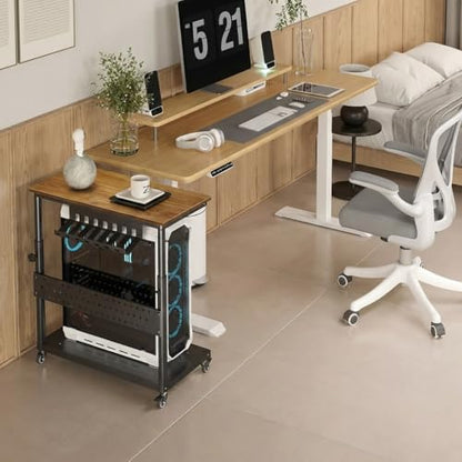 GarveeHome Computer Tower Stand with Cable Management Rack, Adjustable Rolling CPU Holder Cart (22.83 to 34.1 Inches) for Under Desk, 2-Tier Mobile PC Tower Stand for Office and Home Use,Walnut - color: Walnut