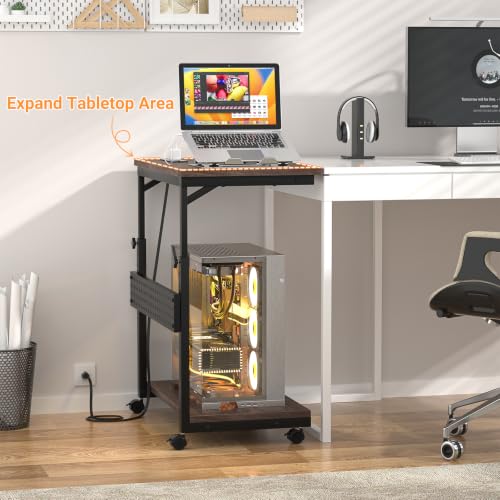 Besiost Computer Tower Stand with Power Strips, 4 Levels Manual Height Adjustable PC Tower Stand for Under Desk, Mobile Rolling CPU Holder, Computer Cart with Wheels, 24", Black Walnut - color: Black Walnut, size: 24"