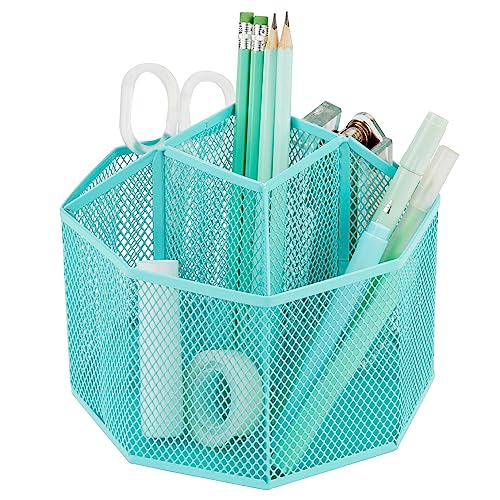 Annova Mesh Desk Organizer Rotate with 5 Compartments Spinning Tidy Candy/Pen Holder Office, Art Supply, Storage, Classroom, Home (Turquoise) - color: Turquoise