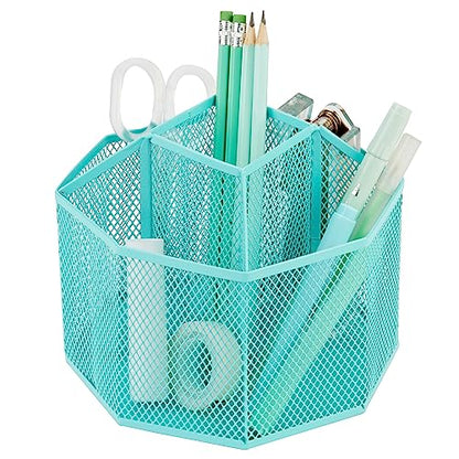 Annova Mesh Desk Organizer Rotate with 5 Compartments Spinning Tidy Candy/Pen Holder Office, Art Supply, Storage, Classroom, Home (Turquoise) - color: Turquoise