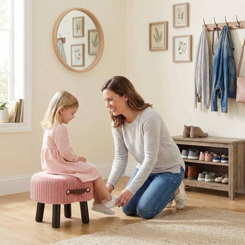 Foot Stools Small, Ottomon with Handle, Velvet Footrest Ottoman | Curved Foot Stool with Padded Seat Wooden Legs, Portable Foot Rest for Living Room, Bedroom, Entryway (Pink) - color: Pink