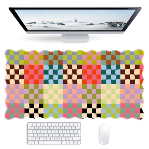 Checkered Boho Colorful Scalloped Mouse Pad,Cute Kawaii Gingham Large Desk Mat Non-Slip Rubber Base,Aesthetic Decor Gaming Desk Pad for Office Laptop Mouse Keyboard Pad, 31.5" x 15.7", XL - color: Checkered Boho Colorful