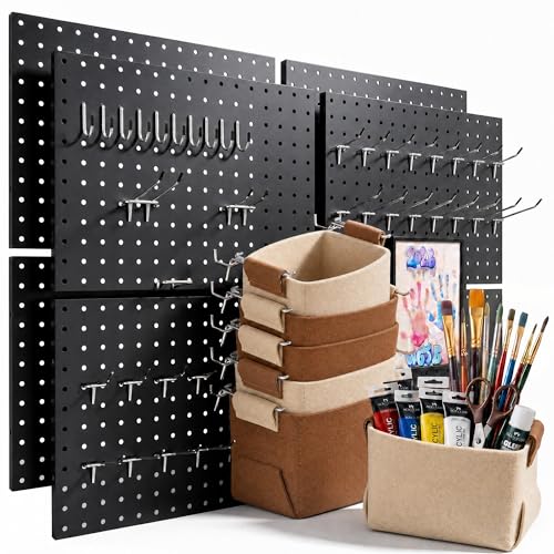 Spampur Peg Board, 8 Pack Metal Pegboard Wall Organizer with Accessories | Black Pegboard Panels with 50 Pcs Hooks and Baskets, Wall Organizer for Office, Craft Room Organization, Garage, Sewing Room - color: Black, size: 16x12''- 8 Pcs
