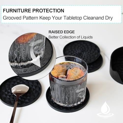 Silicone Coasters [6 Pack] with Holders Drink Coasters, Table Cup Mat, for Hot or Cold Drinks Thickened, Non-Slip, Non-Stick, Deep Tray Black - color: Black