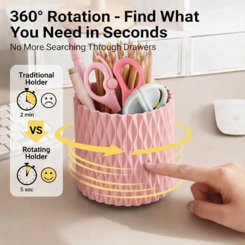 Pink Pen Holder for Desk, 360° Rotating Pencil Organizer, 5 Slots | Spinning multi-use organizer holds pens, makeup brushes, art supplies & markers — desk caddy for office, classroom or vanity - color: Pink - 5 Slots