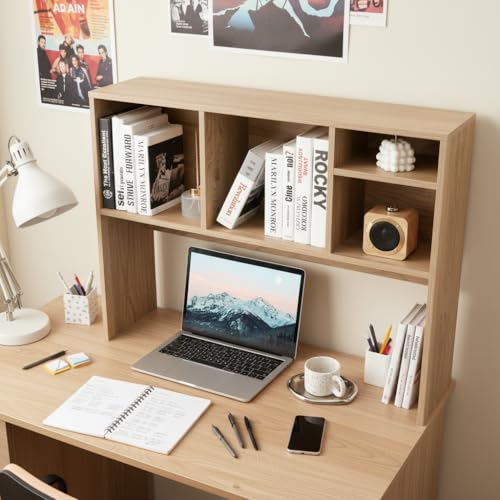 Tangkula Desktop Bookshelf, Countertop Storage Hutch with 4 Shelves for Computer Desk, Desktop 2-Tier Display Rack, Multipurpose Wood Desktop Hutch Storage Organizer for Dorm Office - color: Natural, size: 4 Shelves