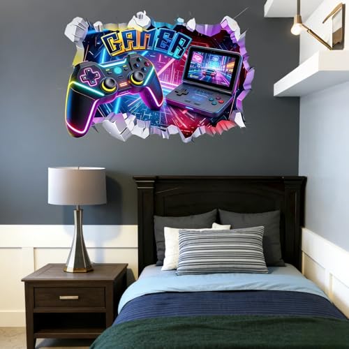 Game Wall Decal Large 3D Gamer Wall Stickers - Gamer Controller Gaming Wall Decals Peel and Stick for Boys Room Teenagers Boy Bedroom Playroom Wall Decor Bedroom Playroom