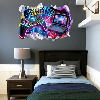 Game Wall Decal Large 3D Gamer Wall Stickers - Gamer Controller Gaming Wall Decals Peel and Stick for Boys Room Teenagers Boy Bedroom Playroom Wall Decor Bedroom Playroom