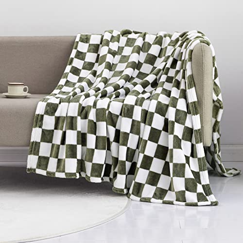 LOMAO Throw Blankets Flannel Blanket with Checkerboard Grid Pattern Soft Throw Blanket for Couch, Bed, Sofa Luxurious Warm and Cozy for All Seasons (Dark Olive, 60"x80") - color: Dark Olive, size: 60"x80"