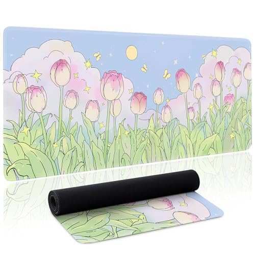 Kawaii Flower Mouse Pad Large Desk Mat Extended Keyboard Mouse Pad Cute XL Mousepad with Non-Slip Base and Stitched Edge Plant MouseMat Desk Pad 31.5 x 11.8 in Mouse Pads for Desk Home Office Gaming - color: Cute Flower