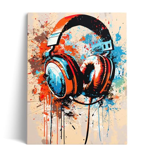 Ypxzzj Graffiti Headphone Canvas Wall Art Poster Musical Theme Print Colorful Earphone Music Picture Gaming Decor for Boys Bedroom Living Room Games Room Home Decor Framed Ready to Hang (12''x16'') - color: headphone2, size: 16"L x 12"W