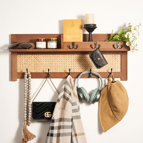 Coat Rack Wall Mount with Hooks & Shelf - Wooden Entryway Organizer for Hanging Coats, Keys, Hangers - Space Saving Durable Wood Holder for Hallway, Bedroom, Office-The Rattan Model