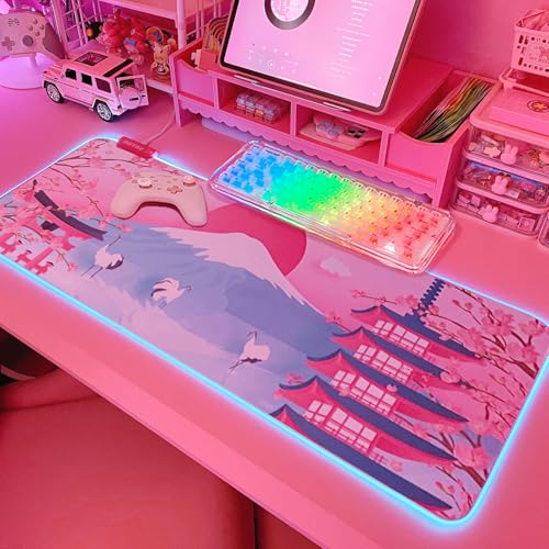 JMIYAV Pink Sakura RGB Gaming Mouse Pad 31.5x12 Inch PC XL Large Extended Glowing Led Light Up Desk Pad Non-Slip Rubber Base Computer Mouse Pad Cute Mousepad Mat - color: P-cherry Blossom