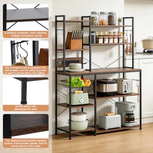 Luckyeestar Bakers Rack with Power Outlet - 6 Tier Microwave Stand with Storage, 35.4 inches Kitchen Shelf with Wire Basket and 12 S Hooks,Coffee Bar Shelf, Adjustable Feet, Rustic Brown Cabinet - size: 6-Tier 35.4 inches