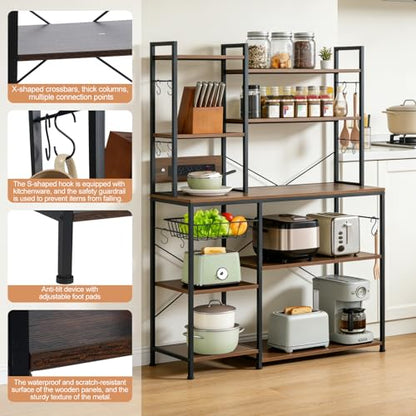 Luckyeestar Bakers Rack with Power Outlet - 6 Tier Microwave Stand with Storage, 35.4 inches Kitchen Shelf with Wire Basket and 12 S Hooks,Coffee Bar Shelf, Adjustable Feet, Rustic Brown Cabinet - size: 6-Tier 35.4 inches